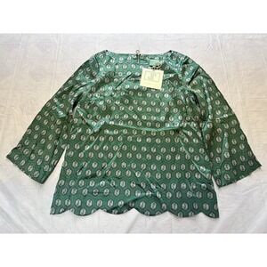 NWT Jules Reid women's print blouse Size medium 100% silk long sleeve scallop